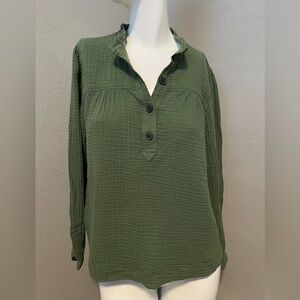 J. CREW Women’s Olive Half Button- Up Fresco Soft  Gauze LS Shirt Blouse Size M